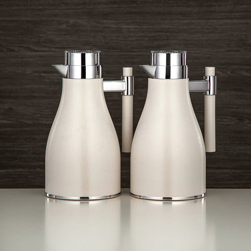 Al Marjan Arabic Vacuum Flask – 1 Litre – Beige with Silver Accents – 29cm - M&M