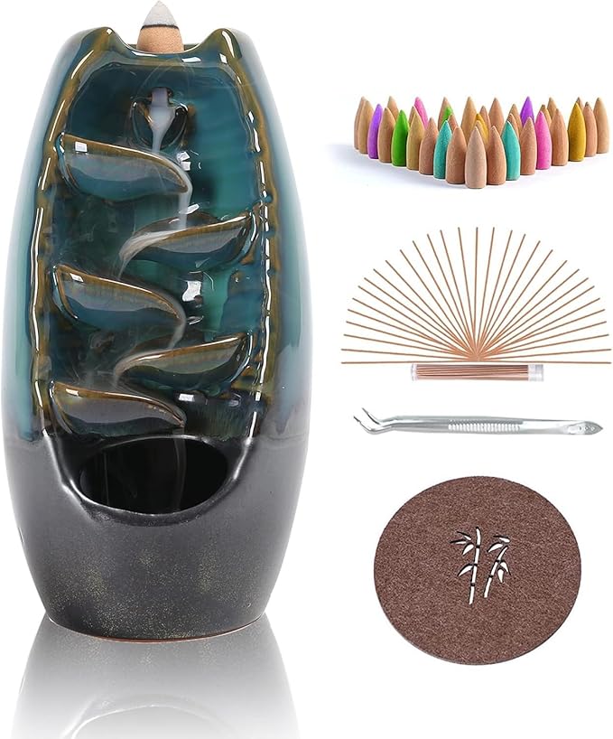 Ceramic Backflow Incense Burner Set with 120 Incense Cones - M&M