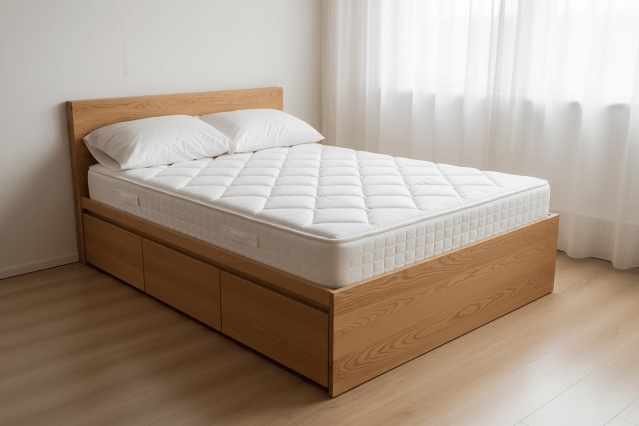 Solid Wood Storage Bed with Hydraulic Lift Base & Pull - Out Drawers | سرير خشبي صلب مع قاعدة هيدروليكية وأدراج سحب - M&M