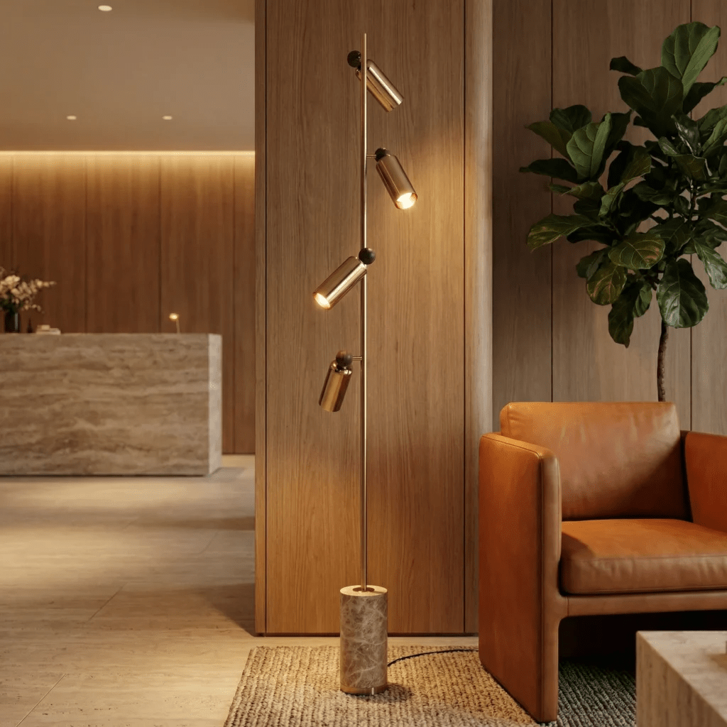 Soleil Floor Lamp – Gold Brass & Travertine Base | مصباح أرضي سوليل – نحاس ذهبي وقاعدة ترافيرتين - M&M