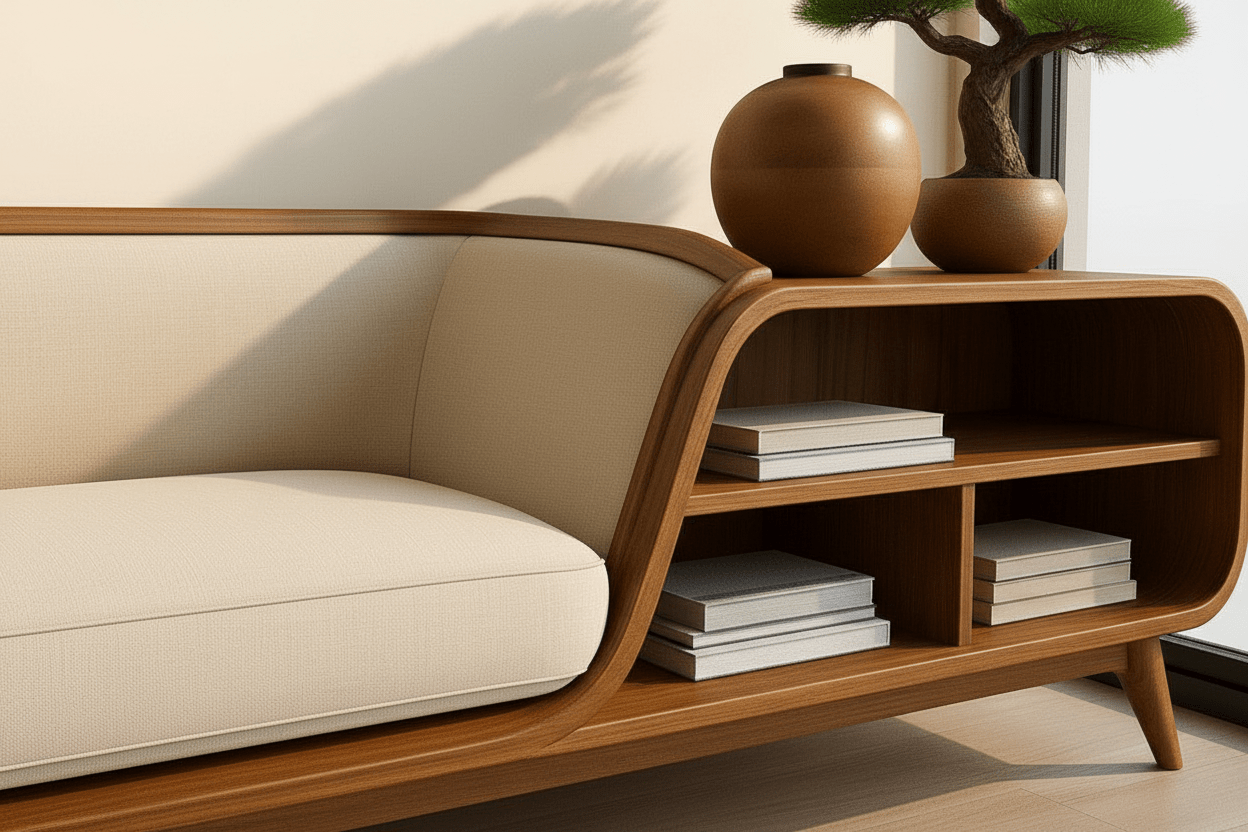 Handcrafted Mid - Century Sofa with Built - in Bookshelf – Made to Order | Walnut & Cream - M&M