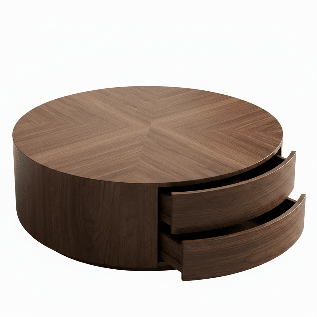 Round Walnut Coffee Table Set – Herringbone Top & Smoked Glass Side Table | طقم طاولة قهوة دائرية جوز – سطح هيرينغبون وطاولة جانبية بزجاج مدخّن - M&M