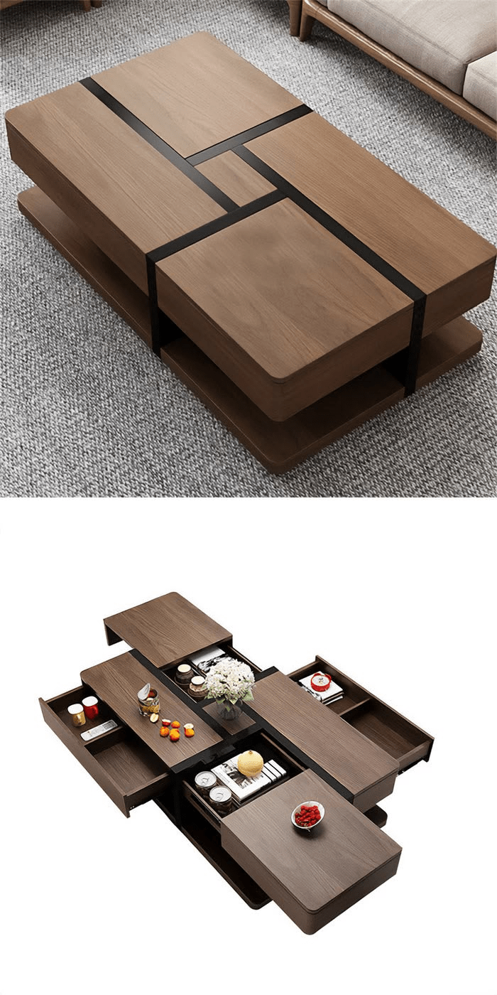 Sliding Storage Coffee Table – Walnut with Hidden Drawers | طاولة قهوة بأدراج منزلقة مخفية – خشب الجوز - M&M
