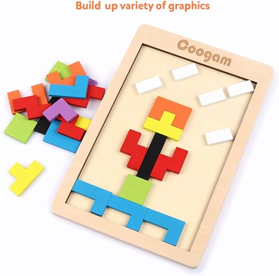 Coogam Wooden Tetris Puzzle Brain Teasers Toy Tangram Jigsaw Intelligence - M&M