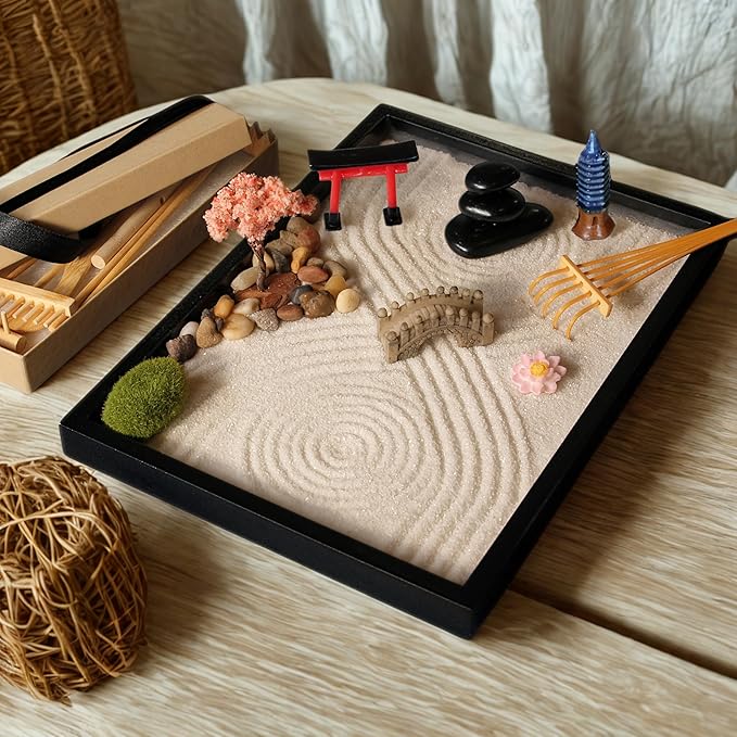 Zen Garden Kit 11x8in Beautiful Premium Japanese Mini Rock Garden Gift Set. Home - M&M