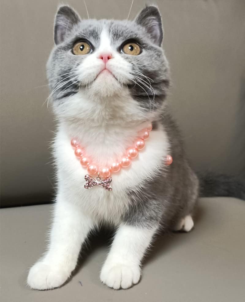 2 Pcs Dog Cat Pearl Collar Necklace with Rhinestone Bone - M&M