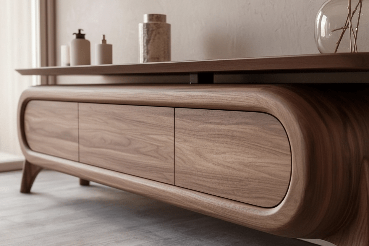 Handcrafted Rounded Walnut TV Unit – Made to Order | 3 - Drawer Media Console - M&M