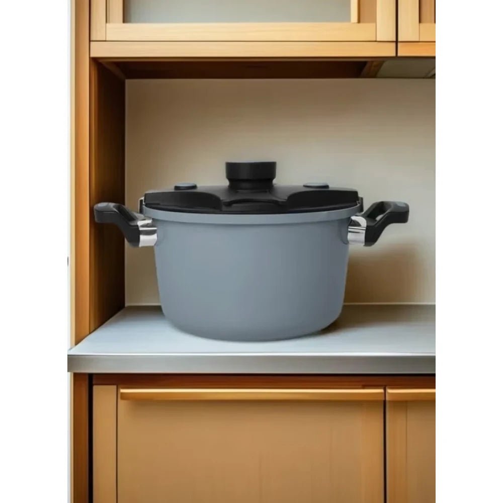 Micro Pressure Cooker with Non - Stick Pan – Multi - Function Round Stew Pot, Induction & Gas Compatible, Home & Party Use, Black | UAE - M&M