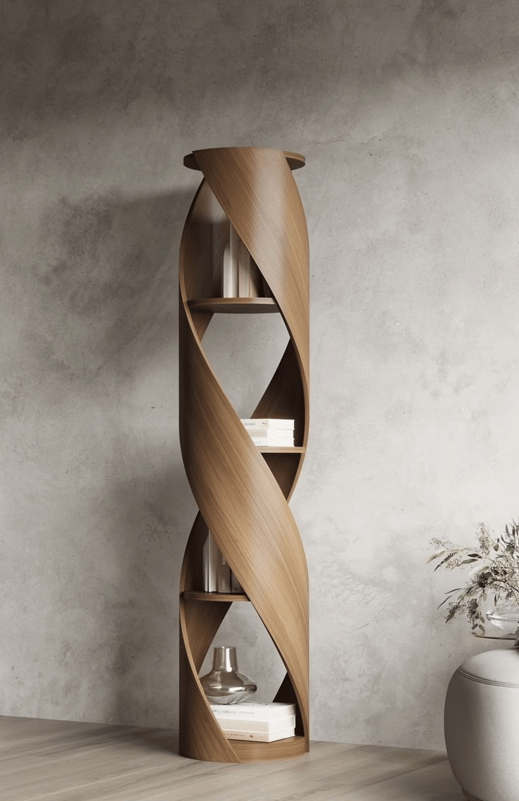 Handcrafted Spiral DNA Helix Bookcase – Made to Order | Sculptural Walnut Tower Shelf - M&M
