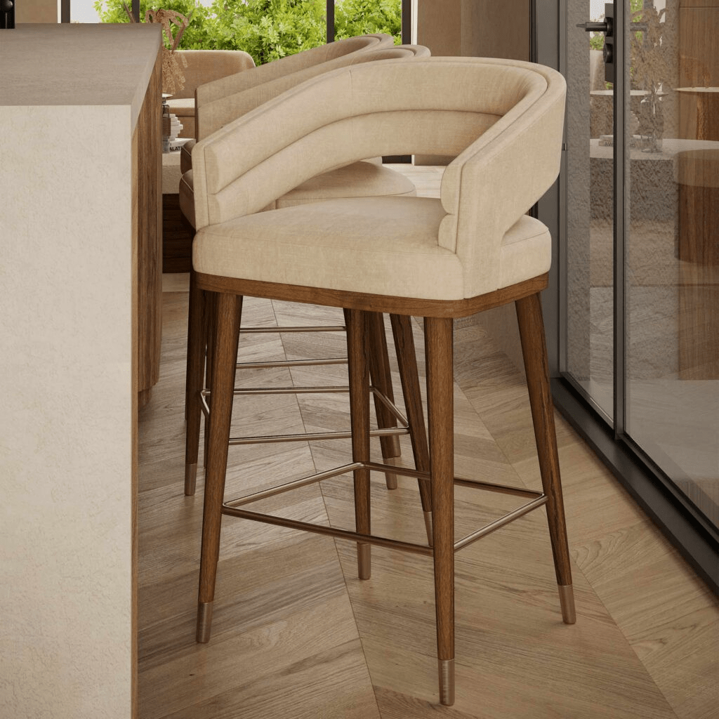 Rivo Bar Stool – Handcrafted Curved Back & Walnut Legs | كرسي بار ريفو – ظهر منحني وأرجل جوز - M&M