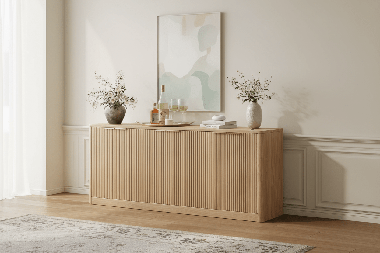 Handcrafted Ribbed Solid Wood Sideboard Cabinet – Made to Order | Walnut Finish - M&M