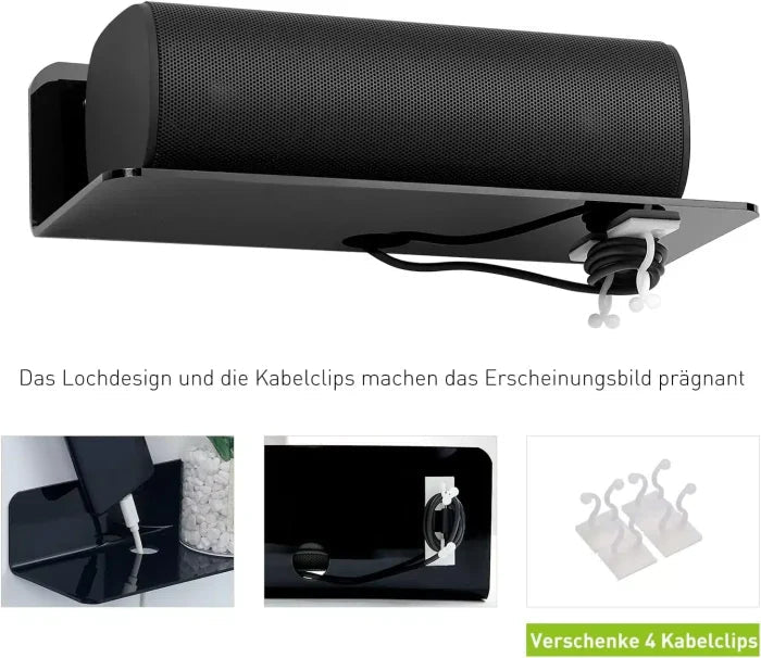 OAPRIRE Acrylic Floating Wall Shelves Set of 2, Damage - Free Expand Wall Space, Black Small Wall Shelf for Smart Speaker, Action Figures, Monitor with Cable Clips, Stick on, No Drill - M&M