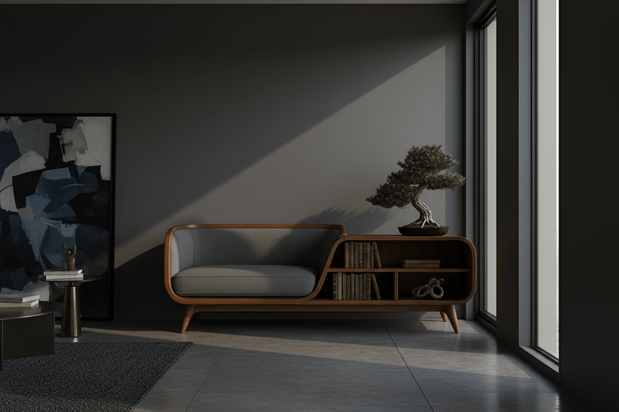Handcrafted Mid - Century Sofa with Built - in Bookshelf – Made to Order | Walnut & Cream - M&M