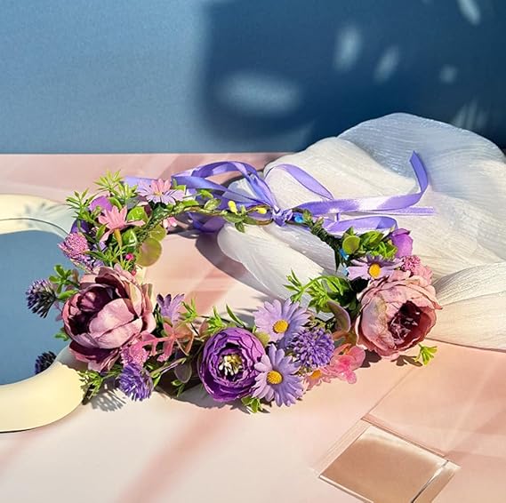 Elandy Boho Flower Headband with Adjustable Ribbon Headpiece Floral Crown - M&M
