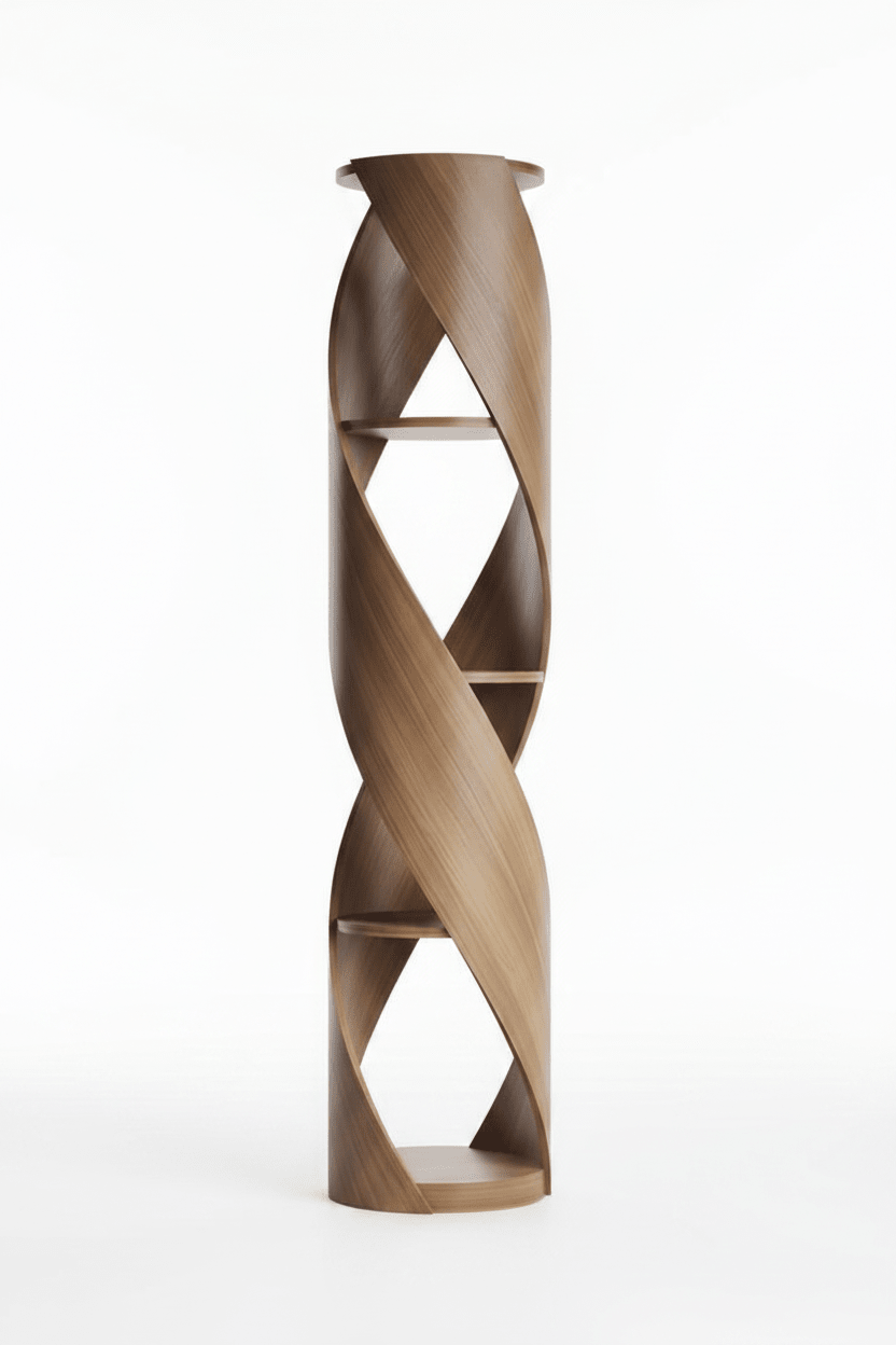 Handcrafted Spiral DNA Helix Bookcase – Made to Order | Sculptural Walnut Tower Shelf - M&M