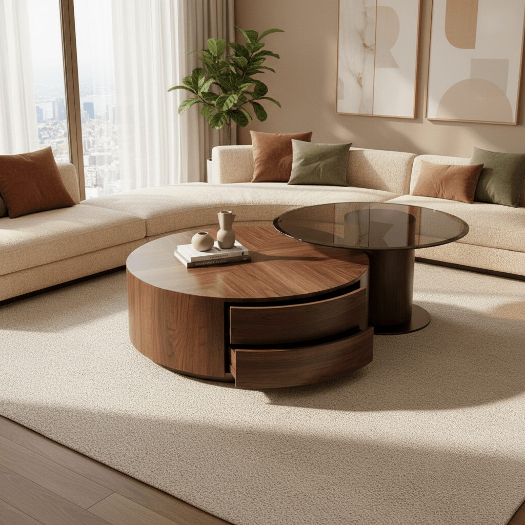 Round Walnut Coffee Table Set – Herringbone Top & Smoked Glass Side Table | طقم طاولة قهوة دائرية جوز – سطح هيرينغبون وطاولة جانبية بزجاج مدخّن - M&M