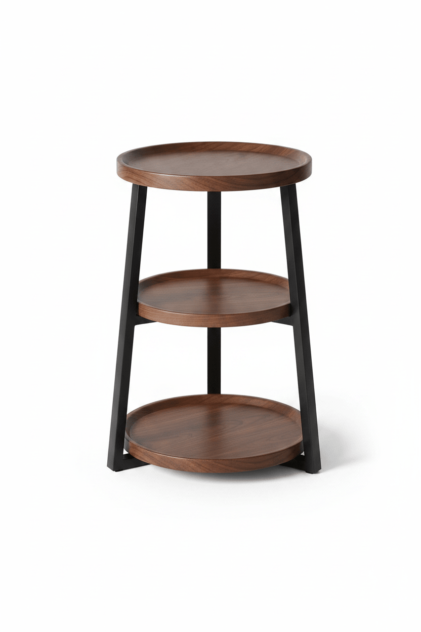 Handcrafted 3 - Tier Round Walnut Side Table – Made to Order | Black Metal Frame - M&M