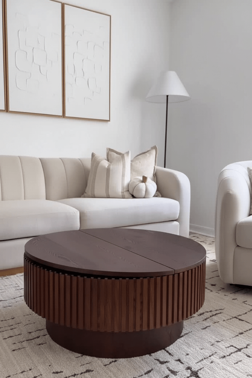 Round Fluted Coffee Table – Dark Walnut with Split - Top Lid | طاولة قهوة دائرية مخدّدة – جوز داكن بغطاء منفصل - M&M