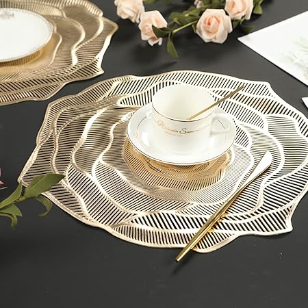 Gold Placemats Pressed Vinyl Round Placemats Set of 6 Pretty Rose Shape - M&M