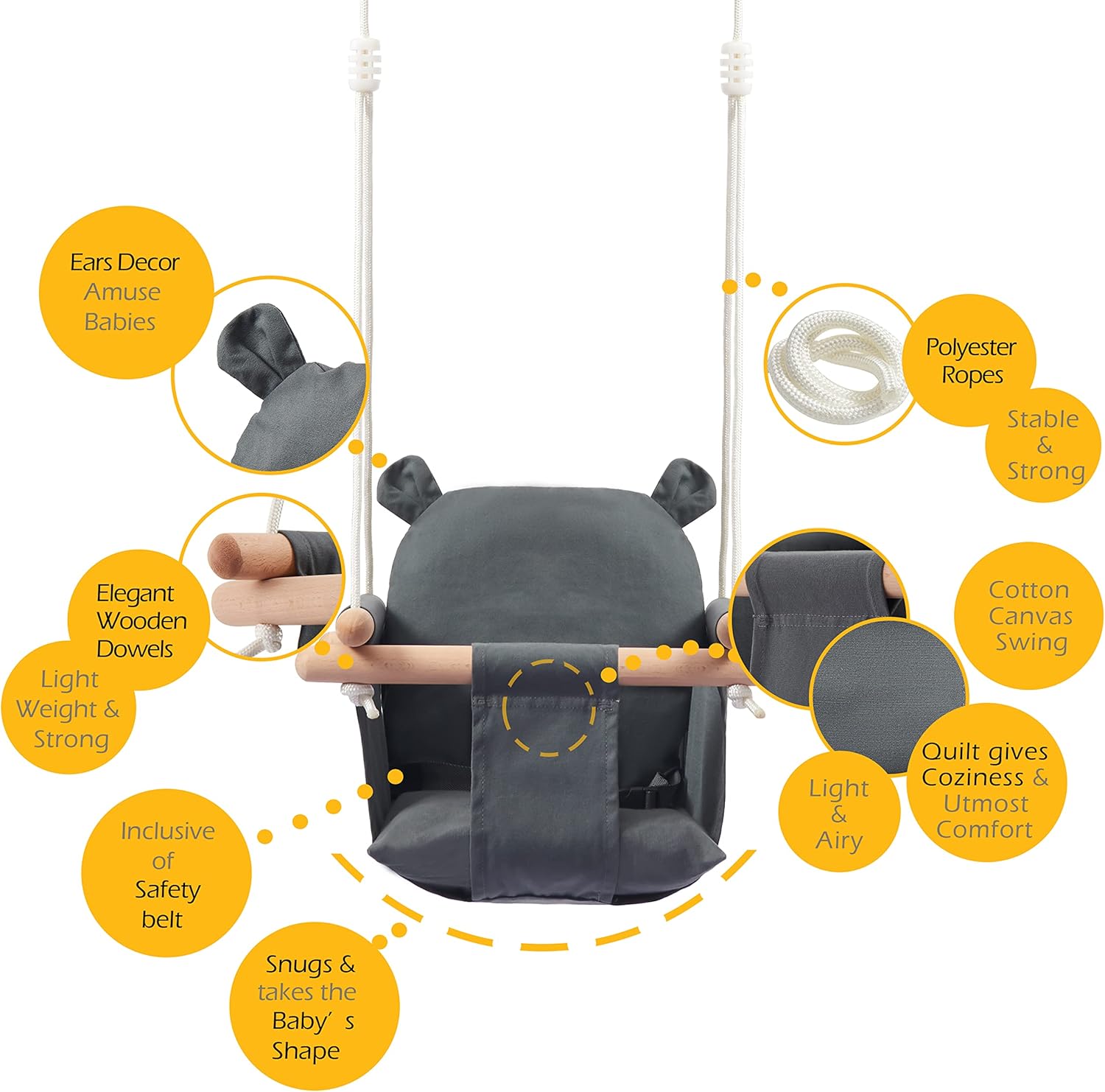 Secure Baby Canvas & Wooden Swing Seat with Safety Belt – Hanging Indoor & Outdoor Toddler Swing with Ear Décor Cushion - M&M