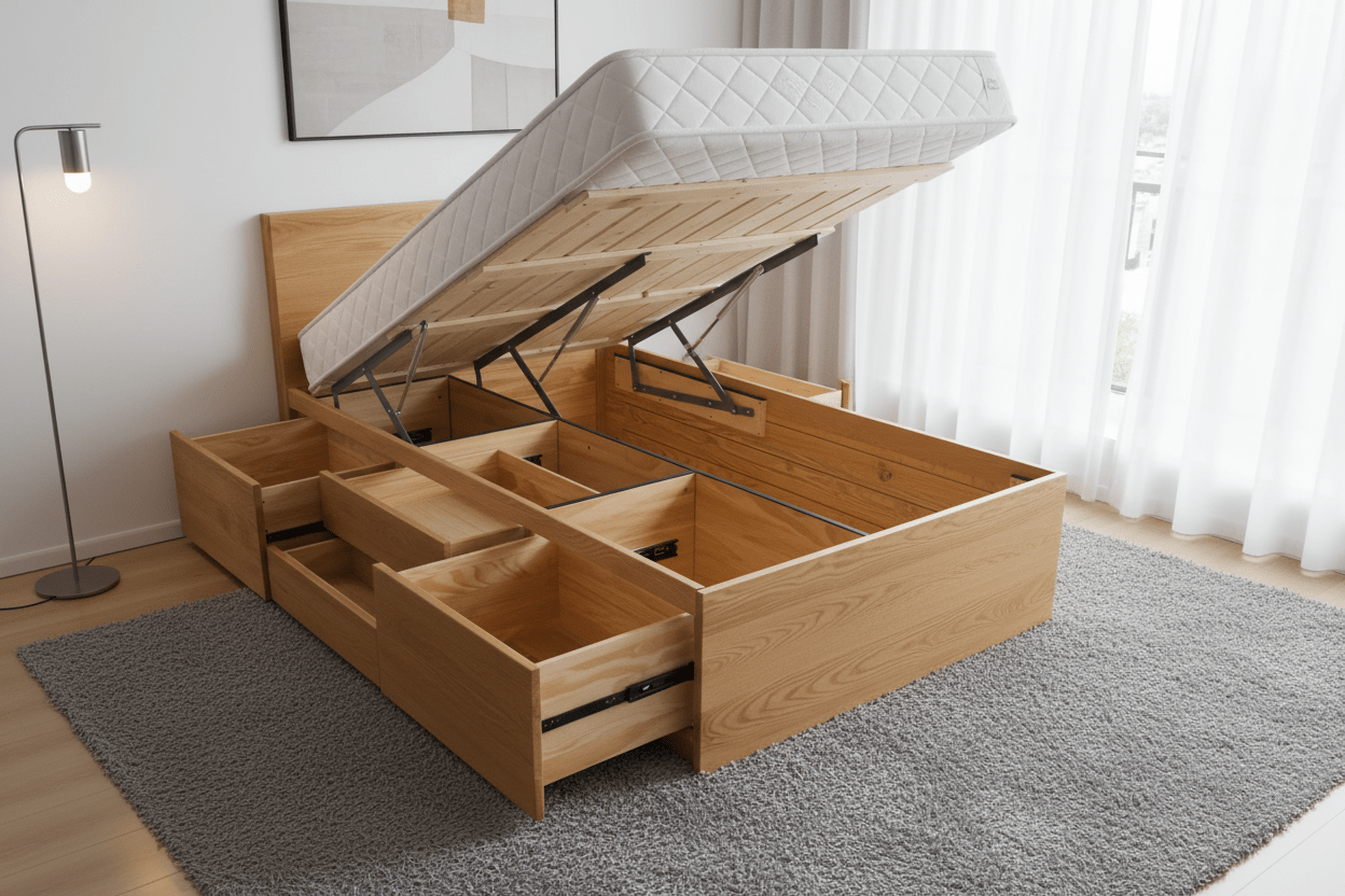 Solid Wood Storage Bed with Hydraulic Lift Base & Pull - Out Drawers | سرير خشبي صلب مع قاعدة هيدروليكية وأدراج سحب - M&M