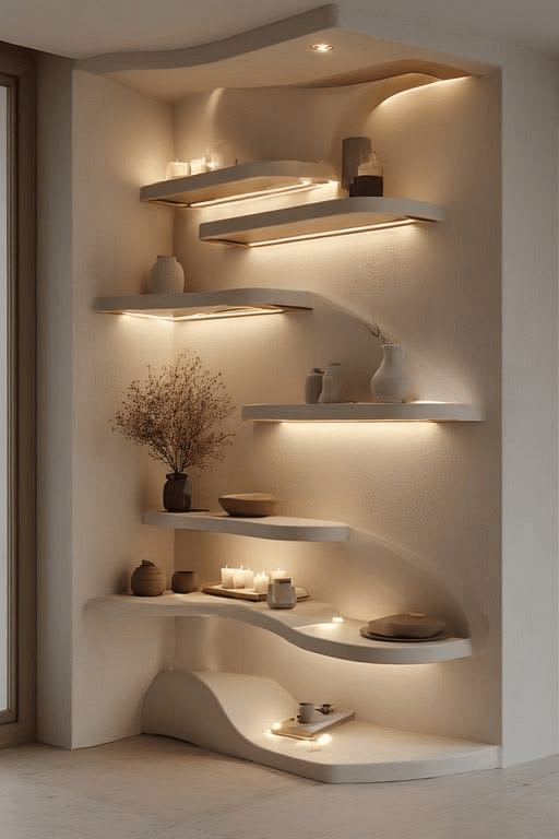 Handcrafted Sculptural LED Wall Shelf Installation – Made to Order | Luxury Gypsum & Wood - M&M