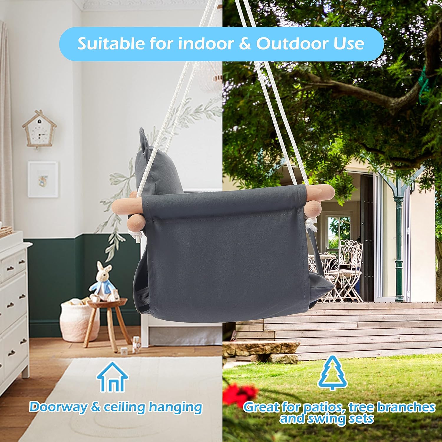 Secure Baby Canvas & Wooden Swing Seat with Safety Belt – Hanging Indoor & Outdoor Toddler Swing with Ear Décor Cushion - M&M