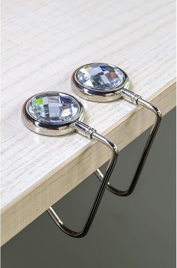 Purse Hook Mental Holder Handbag Rhinestone Hanger for Table Desk (White - M&M