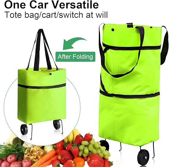 Collapsible Shopping Trolley with Wheels (16 Gallon) – Foldable Grocery Bag & Reusable Cart for Heavy Duty Shopping, Green - M&M