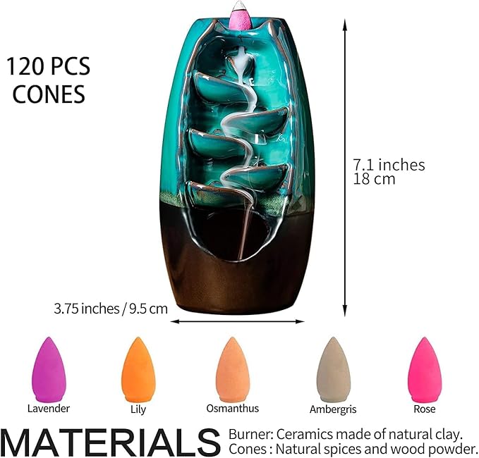 Ceramic Backflow Incense Burner Set with 120 Incense Cones - M&M