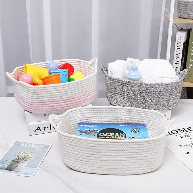 ABenkle Rope Storage Basket, Cotton Woven Pink Baby Girl Basket, Cube Soft - M&M