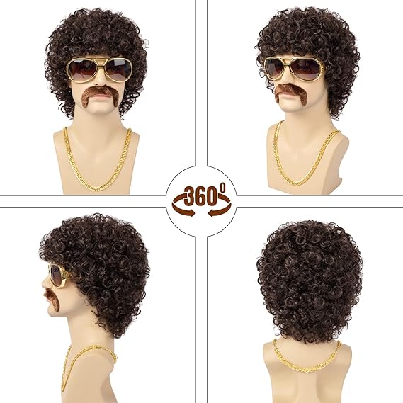 Excefore Men Wigs Short Brown Curly Afro Wig for Men 70s Disco Costume Wig - M&M