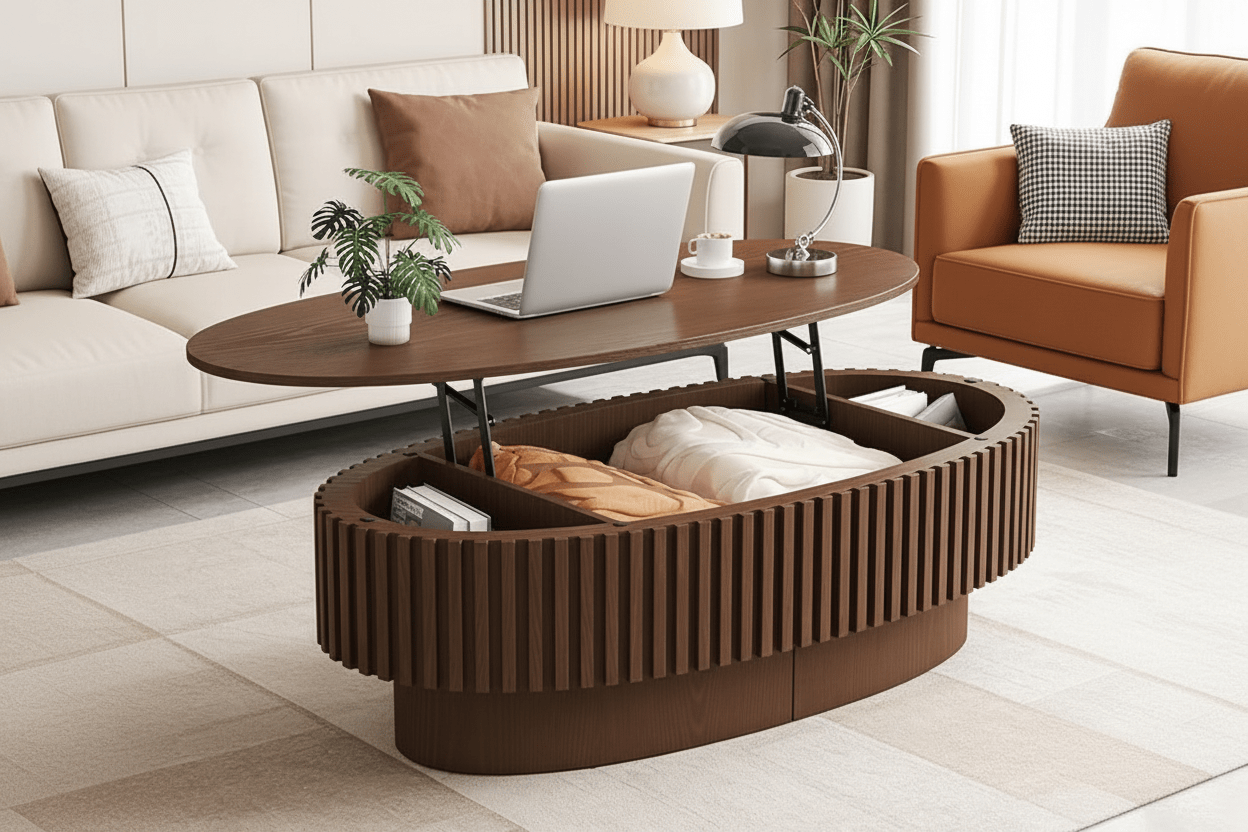Oval Lift - Top Coffee Table – Fluted Walnut with Hidden Storage | طاولة قهوة بيضاوية بغطاء رافع – جوز مخدّد مع تخزين خفي - M&M