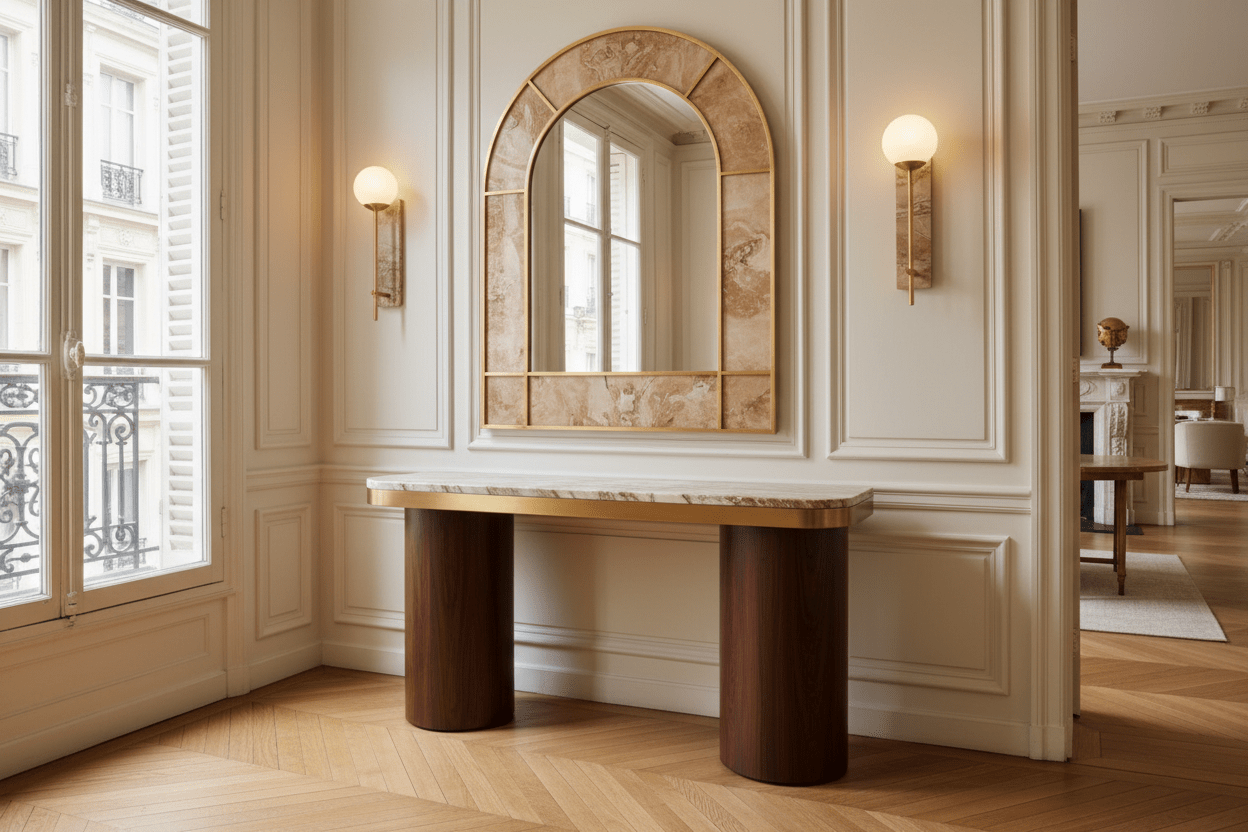 Elara Console Table – Handcrafted Walnut & Gold | طاولة إيلارا – جوز وذهب مصنوعة يدوياً - M&M