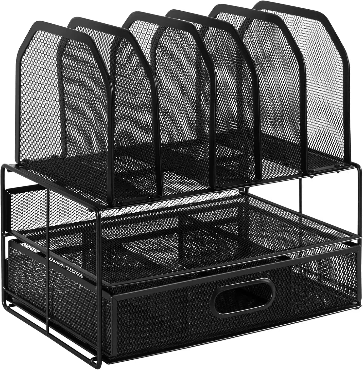 Amazon Basics Mesh Desk Organizer with Sliding Drawer, Double Tray and 5 Upright Sections, Black - M&M
