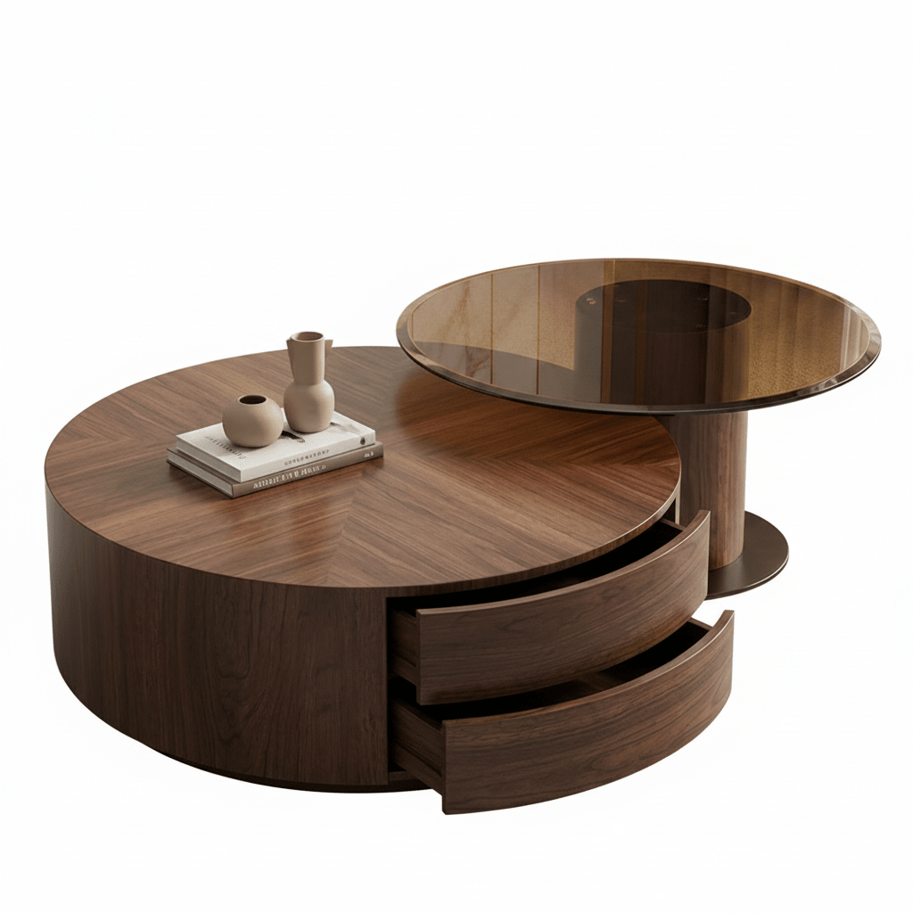 Round Walnut Coffee Table Set – Herringbone Top & Smoked Glass Side Table | طقم طاولة قهوة دائرية جوز – سطح هيرينغبون وطاولة جانبية بزجاج مدخّن - M&M