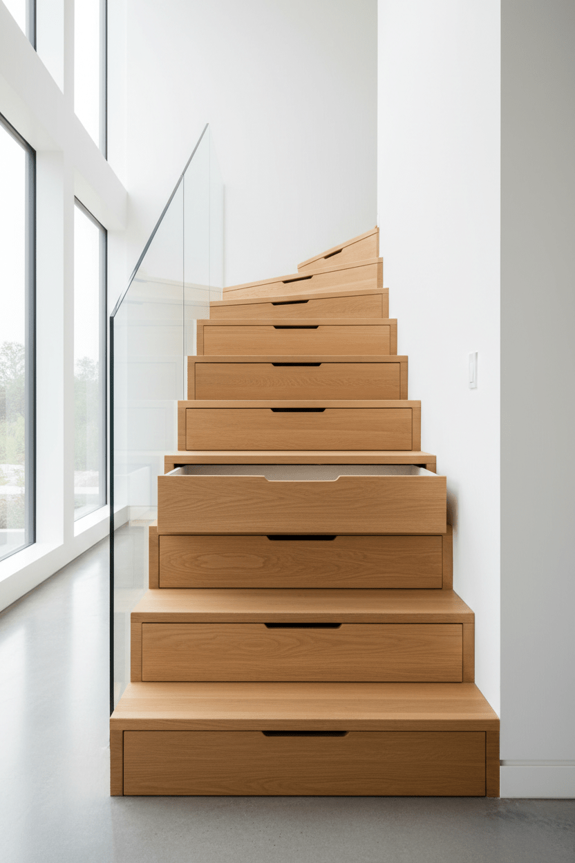Wooden Staircase with Built - In Pull - Out Storage Drawers | درج خشبي مع أدراج تخزين مدمجة - M&M