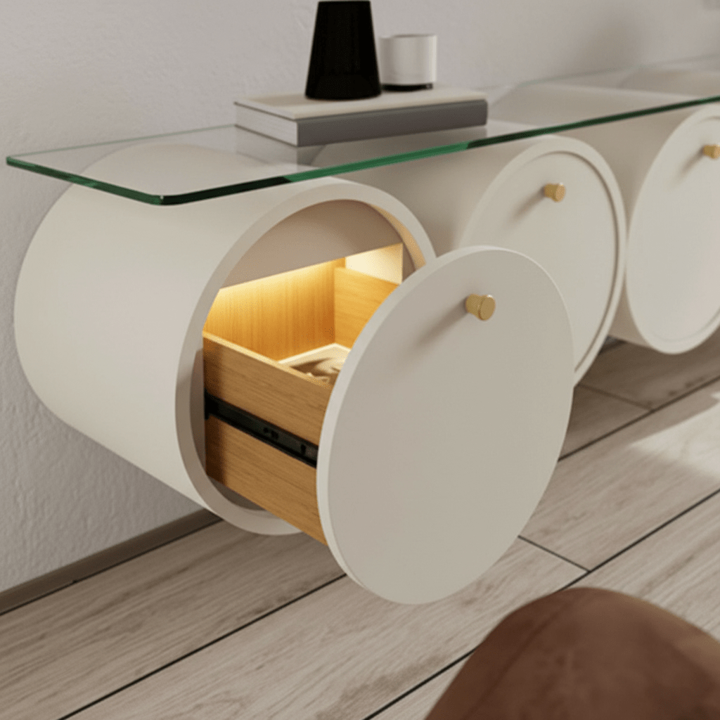Cylindrical Drum TV Console – White with Glass Top & Gold Handles | وحدة تلفزيون أسطوانية – أبيض بسطح زجاجي ومقابض ذهبية - M&M