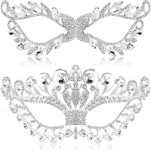 Jecery 2 Pieces Masquerade Mask Rhinestone Fancy Crystal Mask Venetian Party - M&M