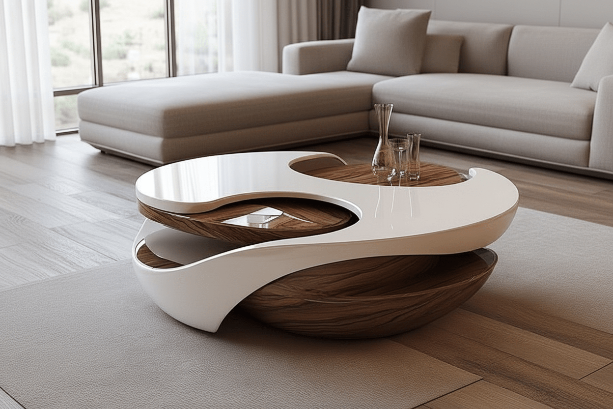 Handcrafted Yin - Yang Sculptural Coffee Table – Made to Order | White Lacquer & Walnut - M&M
