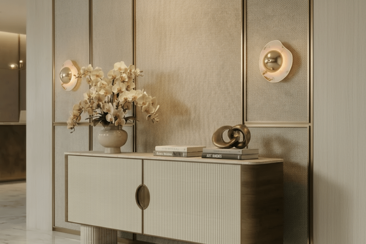 Handcrafted LED Arch Wall Niche Sofa Unit – Made to Order | Built - in Luxury Seating & Shelving | وحدة أريكة مدمجة بقوس LED – مصنوعة حسب الطلب - M&M