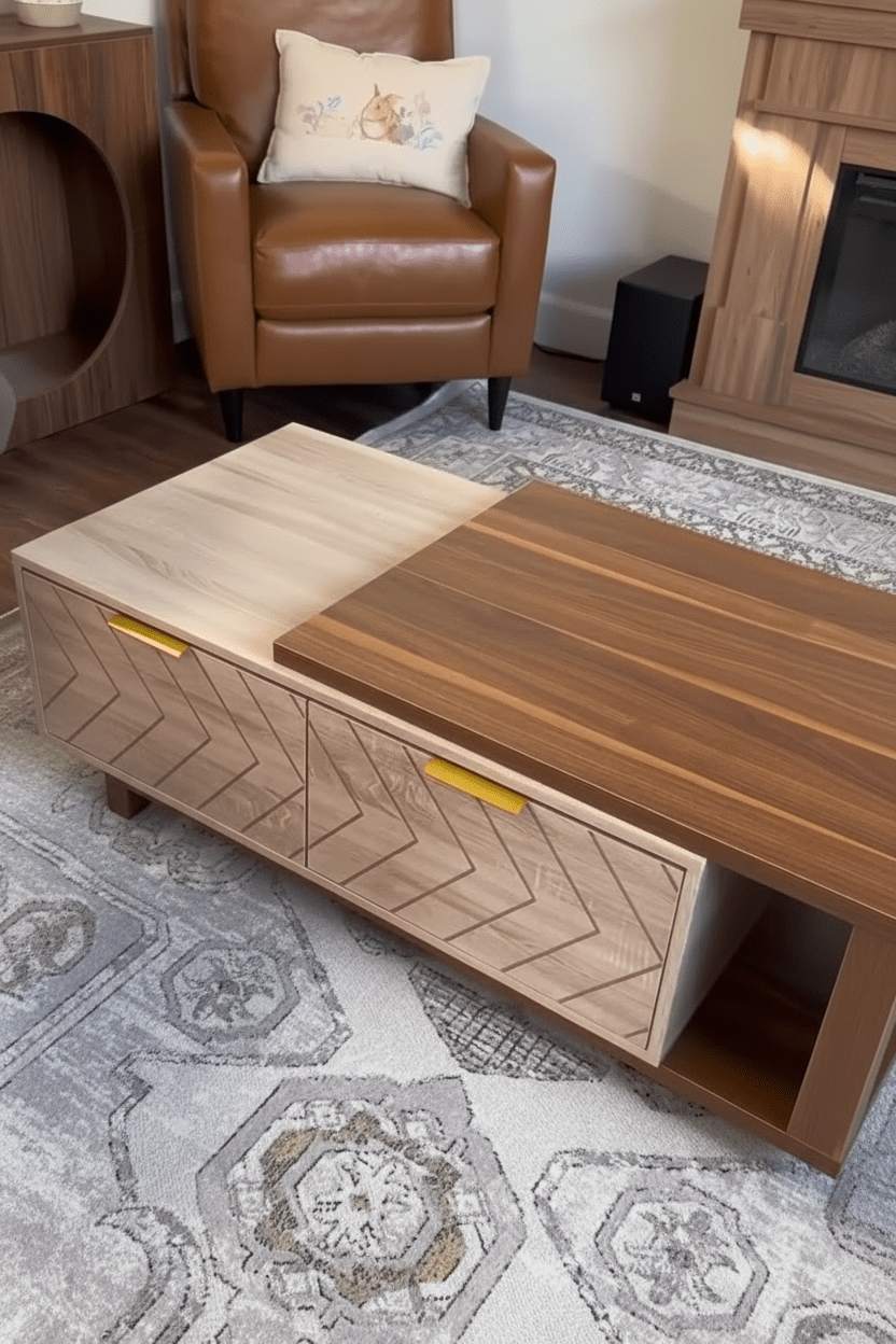 Lift - Top Coffee Table – Walnut Chevron with Gold Handles | طاولة قهوة بغطاء رافع – شيفرون جوز الهند مع مقابض ذهبية - M&M