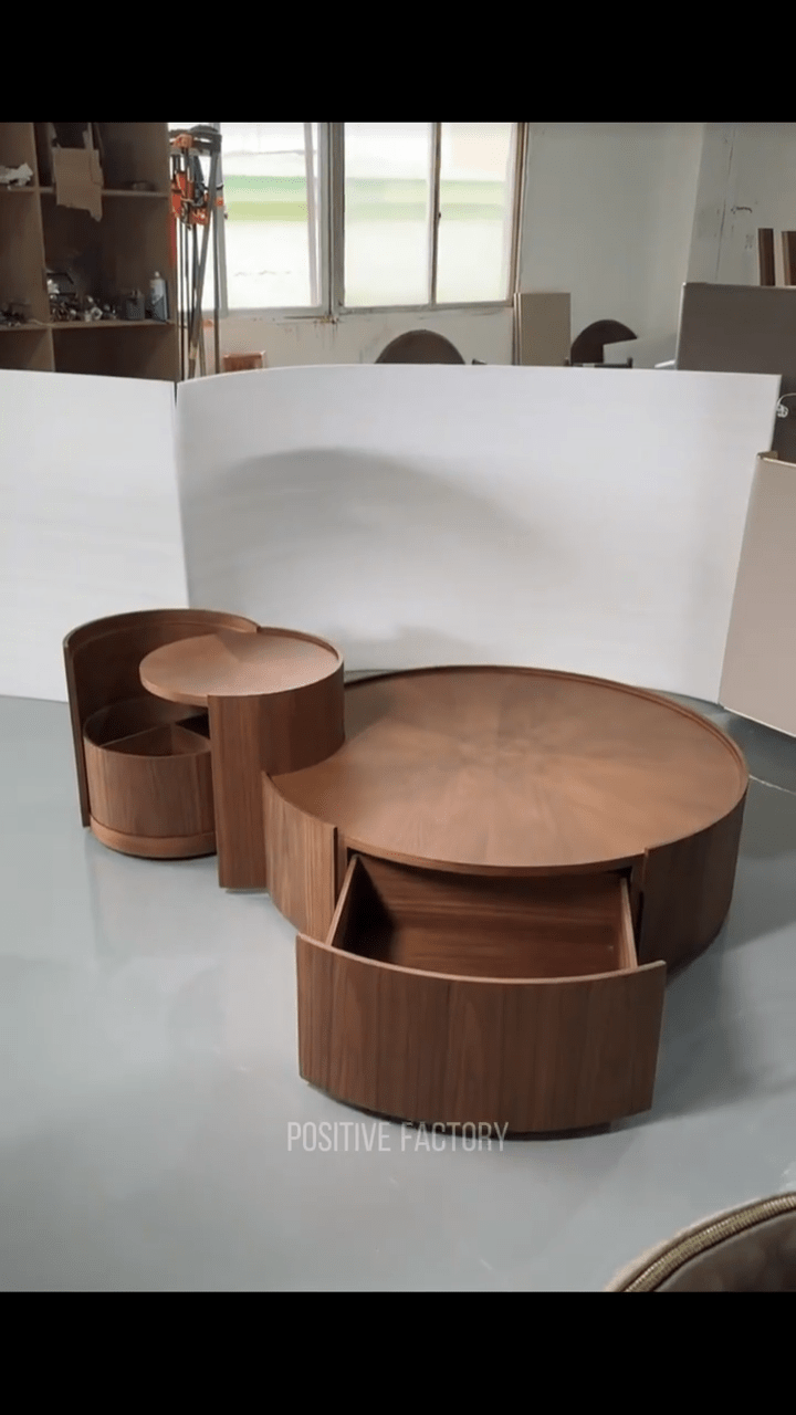 Modular Round Coffee Table Set – Walnut with Hidden Drawers (3 Pieces) | طقم طاولة قهوة دائرية موديولار – جوز الهند مع أدراج مخفية (3 قطع) - M&M