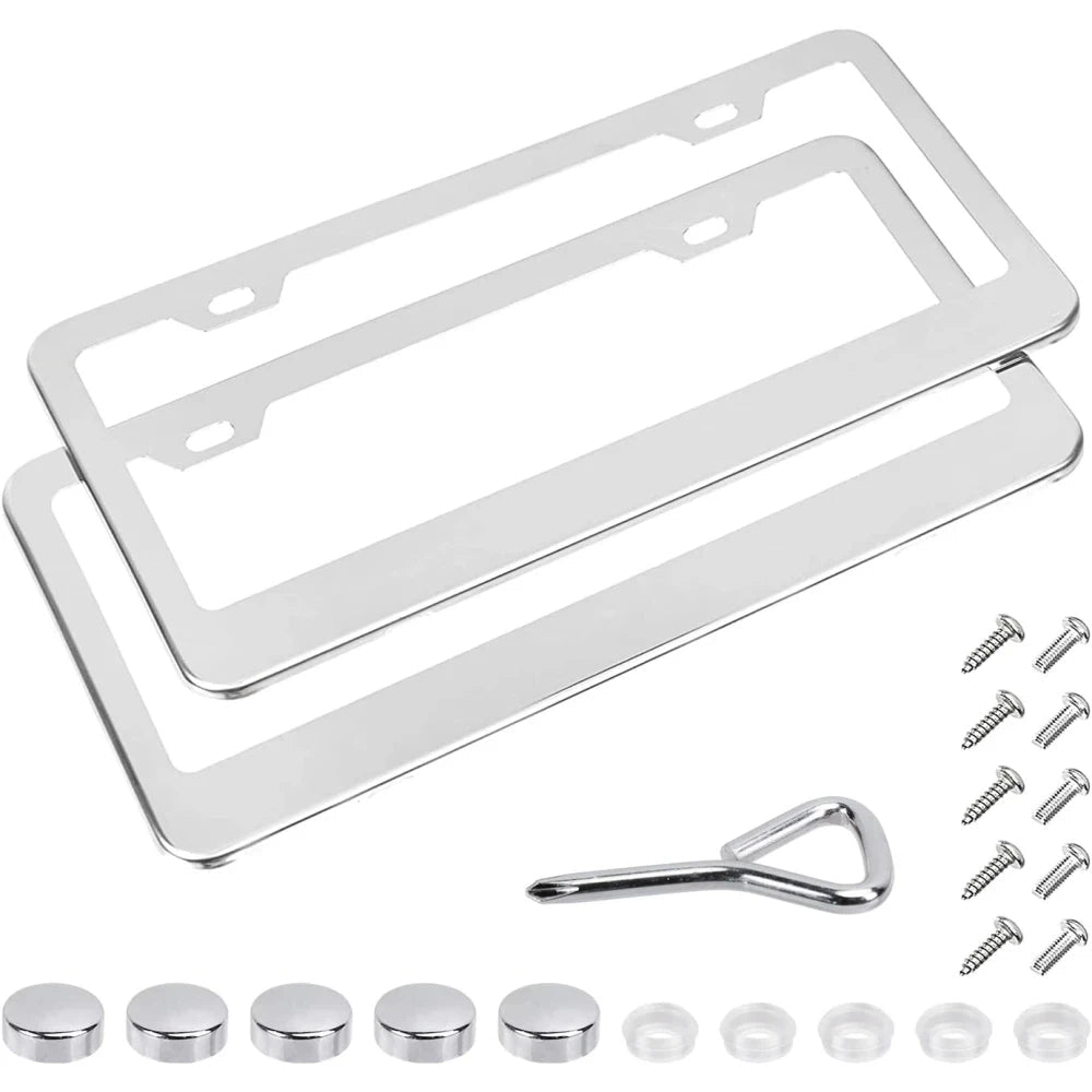 Amazon Basics Stainless Steel License Plate Frame Pair with Screw Caps – 2 - Hole, 12.2” x 6.3”, Silver - M&M