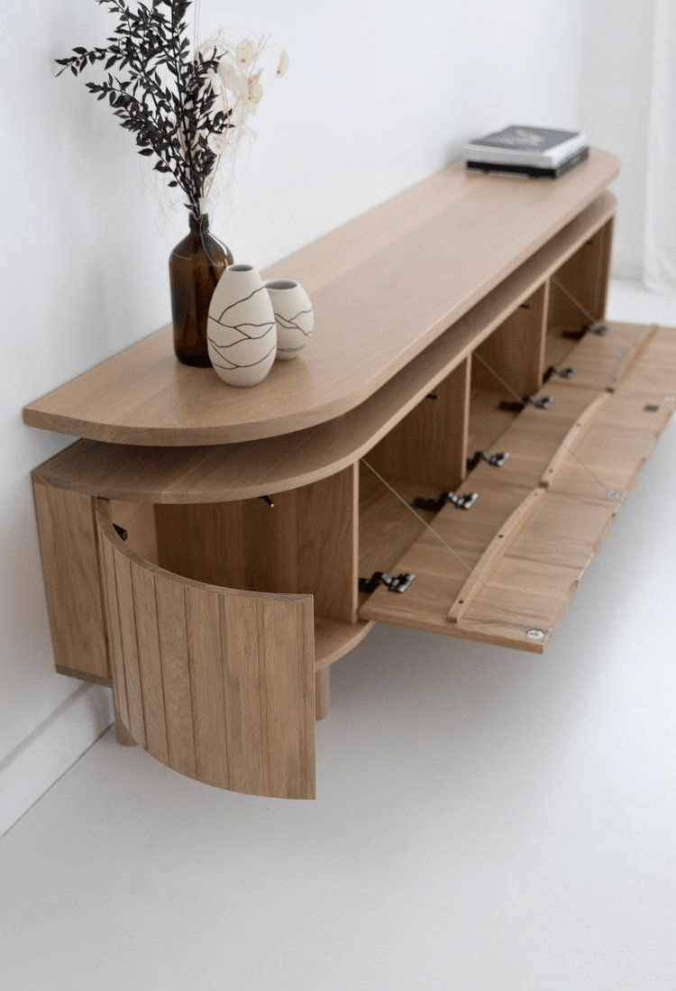 Floating Wall - Mounted Shoe Cabinet – Oak with Curved Fluted Doors | خزانة أحذية عائمة على الجدار – خشب البلوط مع أبواب مخدّدة منحنية - M&M
