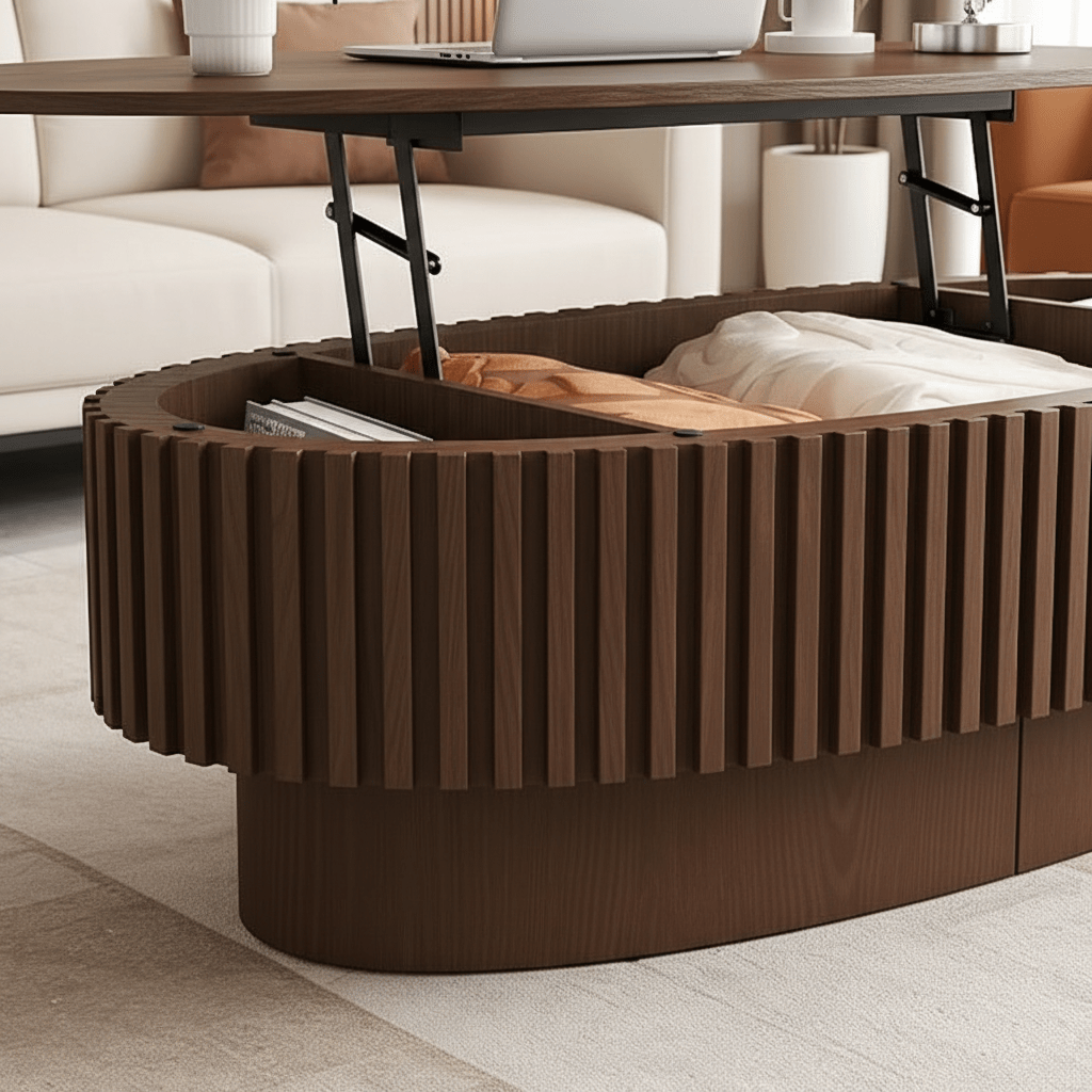 Oval Lift - Top Coffee Table – Fluted Walnut with Hidden Storage | طاولة قهوة بيضاوية بغطاء رافع – جوز مخدّد مع تخزين خفي - M&M