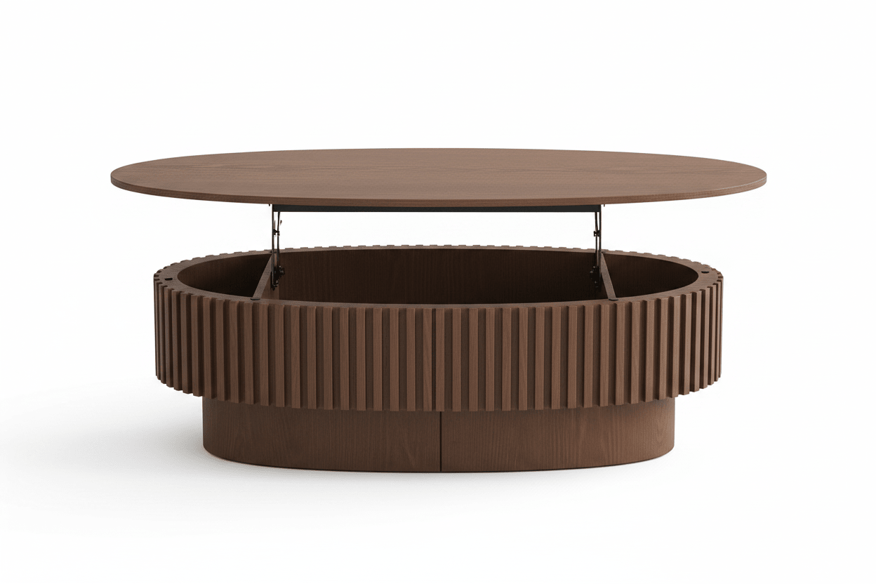 Oval Lift - Top Coffee Table – Fluted Walnut with Hidden Storage | طاولة قهوة بيضاوية بغطاء رافع – جوز مخدّد مع تخزين خفي - M&M
