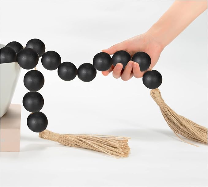 OMISHE Large Wood Bead Garland Black With 1.6" Diameter Wooden Beads and Tassels - M&M