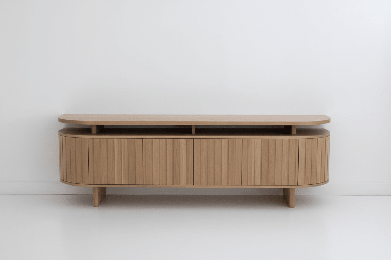 Floating Wall - Mounted Shoe Cabinet – Oak with Curved Fluted Doors | خزانة أحذية عائمة على الجدار – خشب البلوط مع أبواب مخدّدة منحنية - M&M