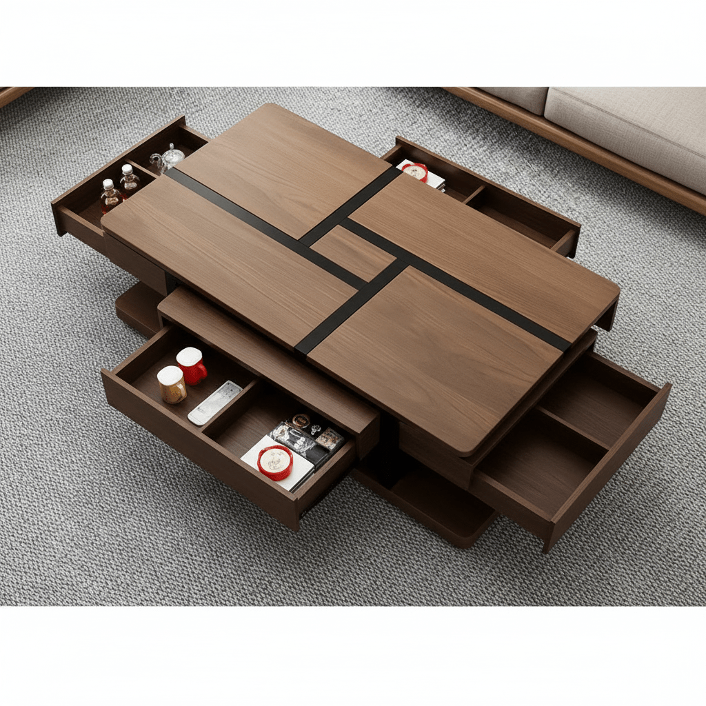 Sliding Storage Coffee Table – Walnut with Hidden Drawers | طاولة قهوة بأدراج منزلقة مخفية – خشب الجوز - M&M